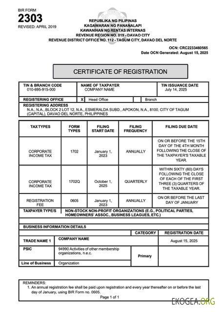 Modèle Word et PDF de certificat d'enregistrement des Philippines template